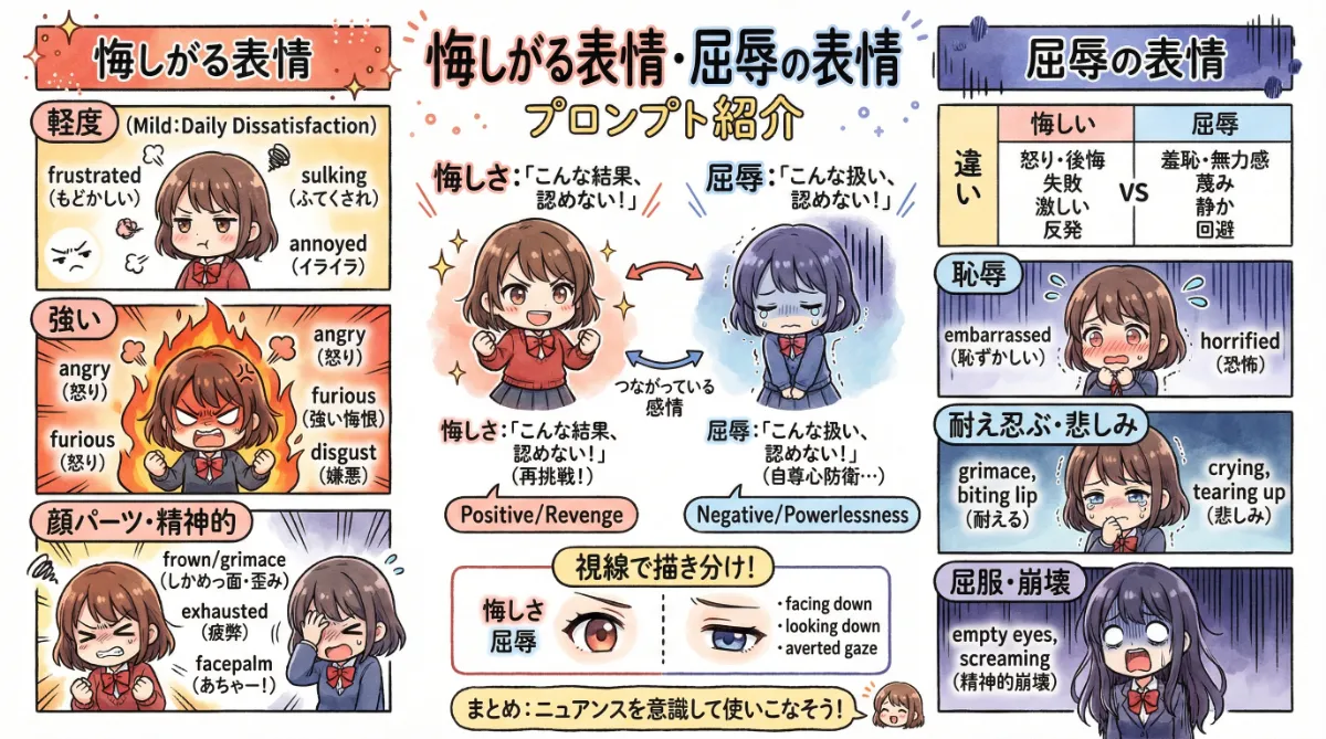 悔しがる表情・屈辱の表情のプロンプト(描き分けのコツ)のまとめ用の図解イラスト