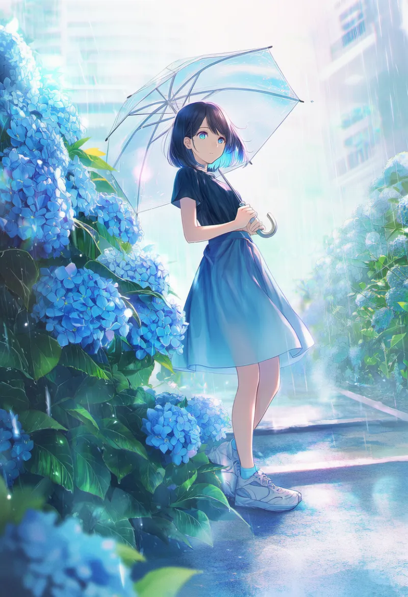 紫陽花と雨と傘を再現した青春AIイラスト｜プロンプト紹介