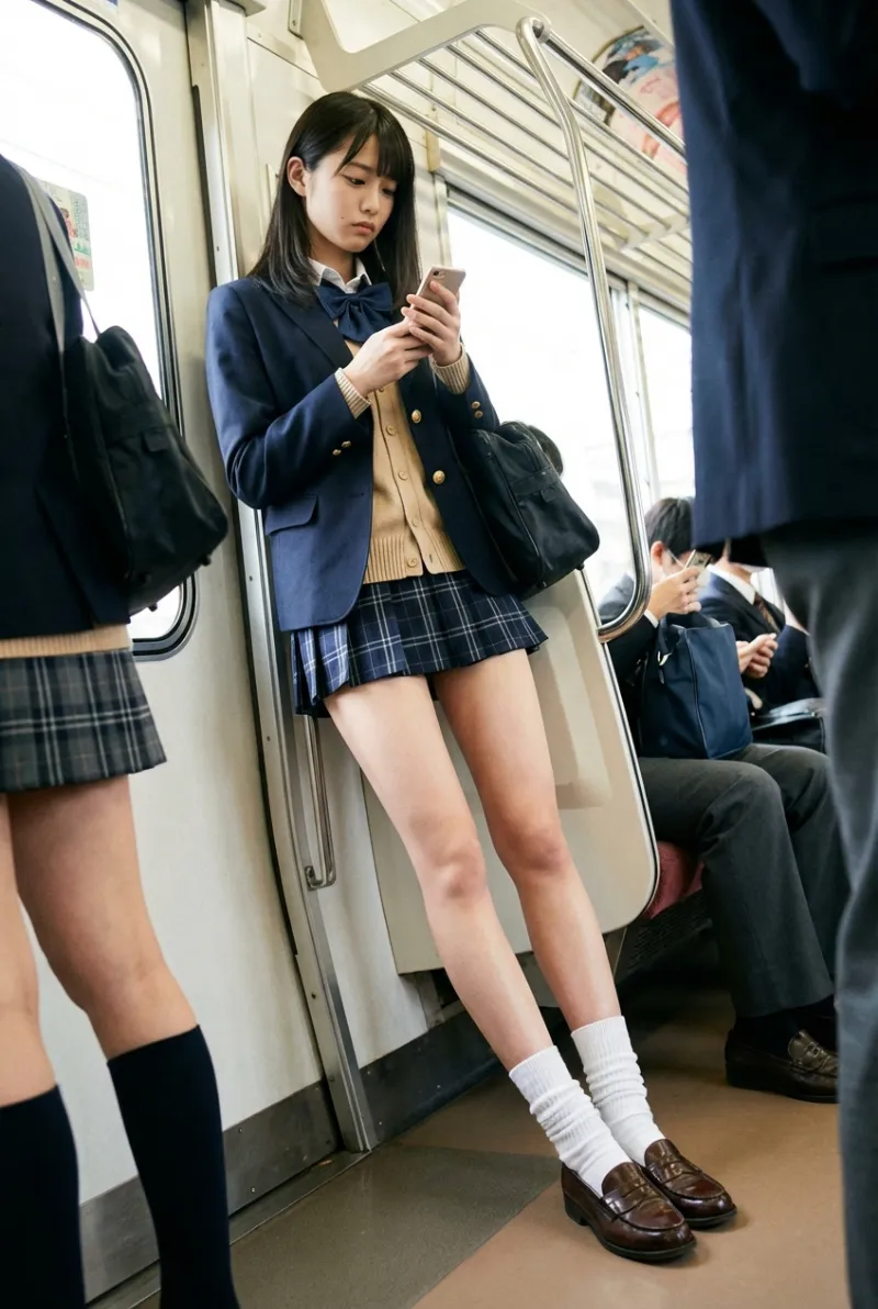 通学電車でスマホを見るJK（AI画像生成）