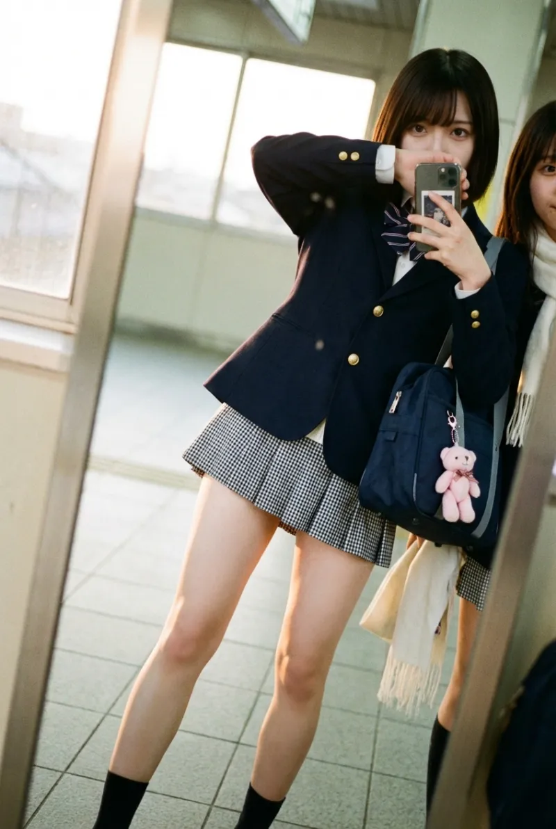 駅の鏡でミラーセルフィーを撮るJK（AI画像生成）