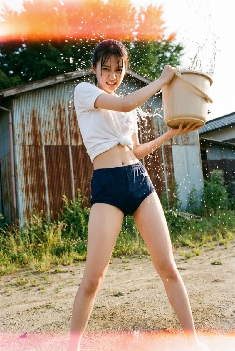 夏のグラウンドで体操服で水遊びするJK（AI画像生成）