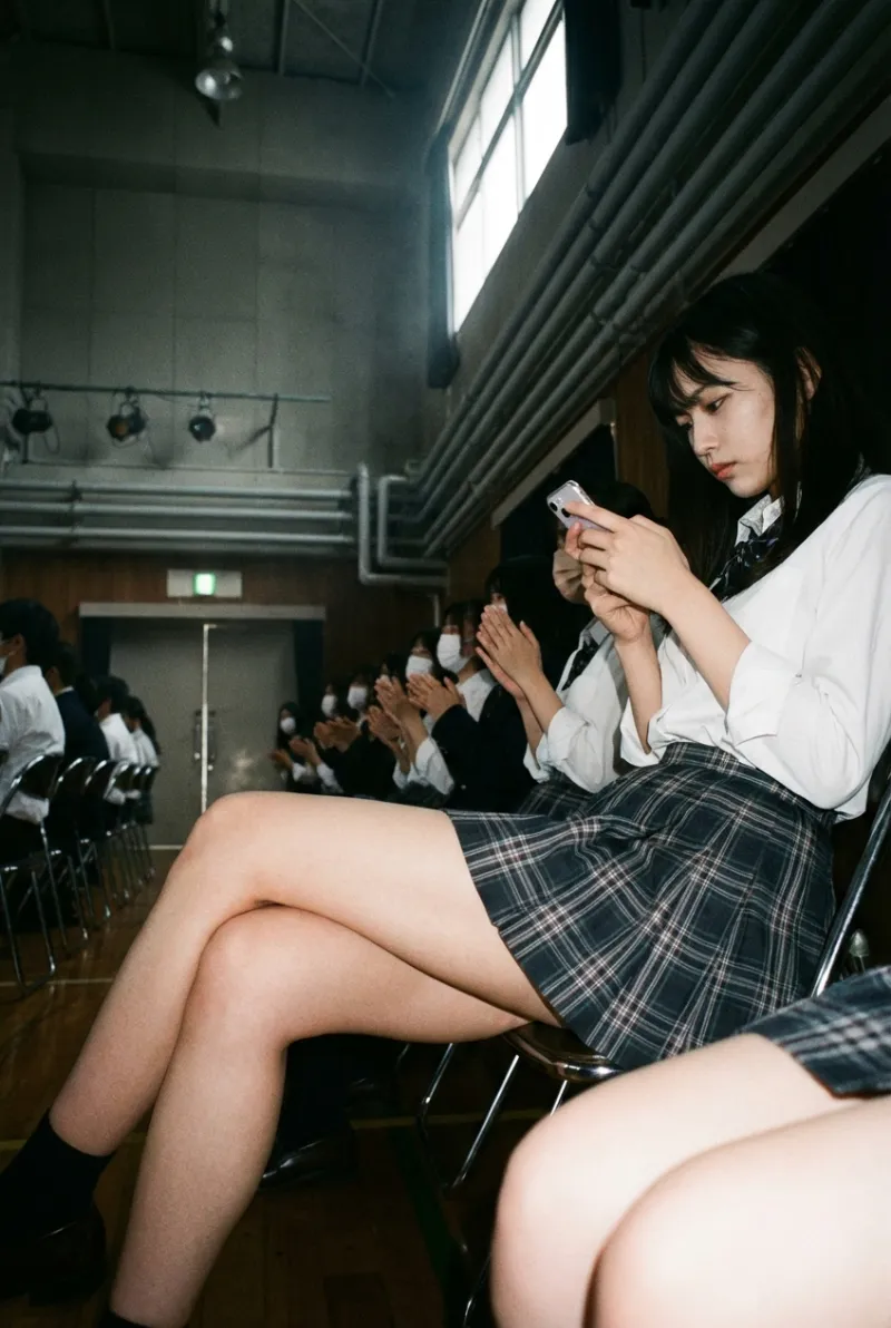 体育館行事中にスマホを見るJK（AI画像生成）