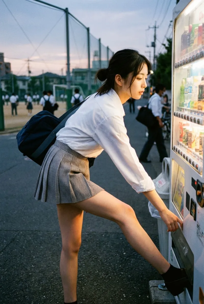 放課後に自動販売機で飲み物を買うJK（AI画像生成）