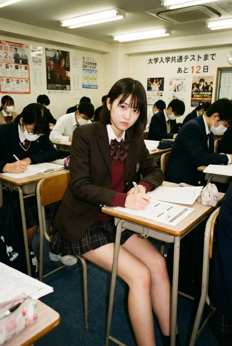 予備校自習室で受験勉強するAI女子高生（AI画像生成）
