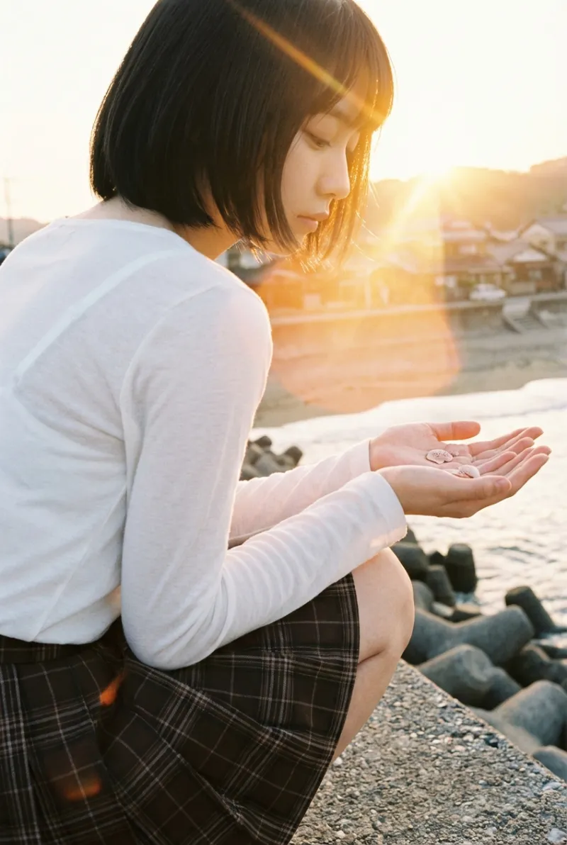 夕暮れの防波堤でノスタルジックに貝殻を見るAI女子高生（AI画像生成）