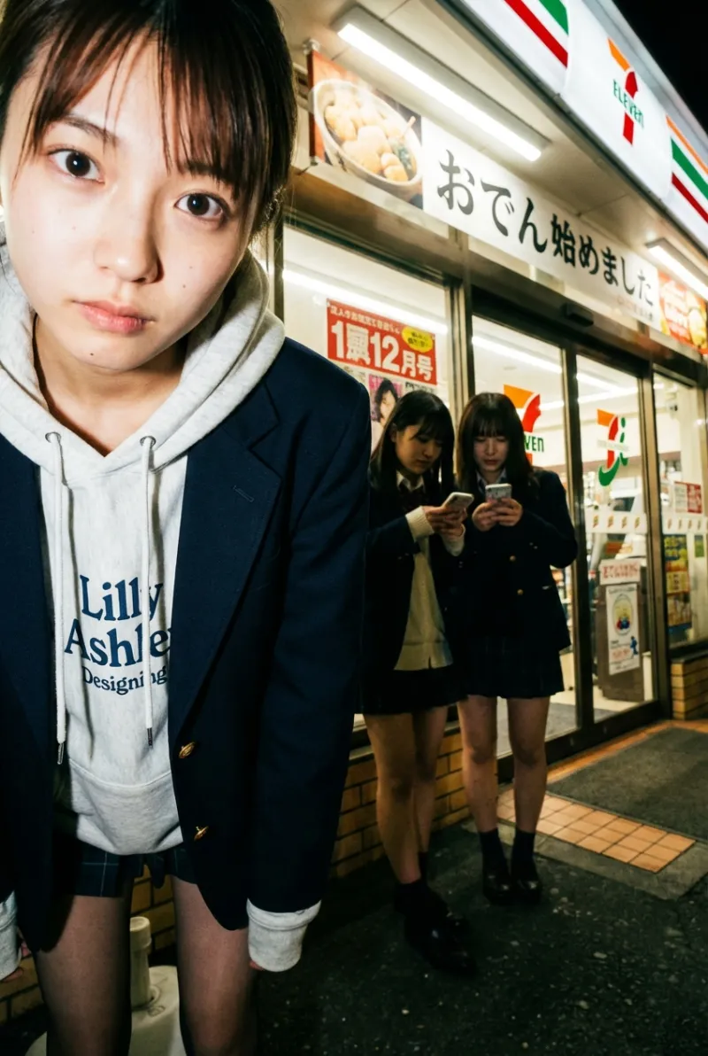 夜のコンビニ前で撮る至近距離JK（AI画像生成）