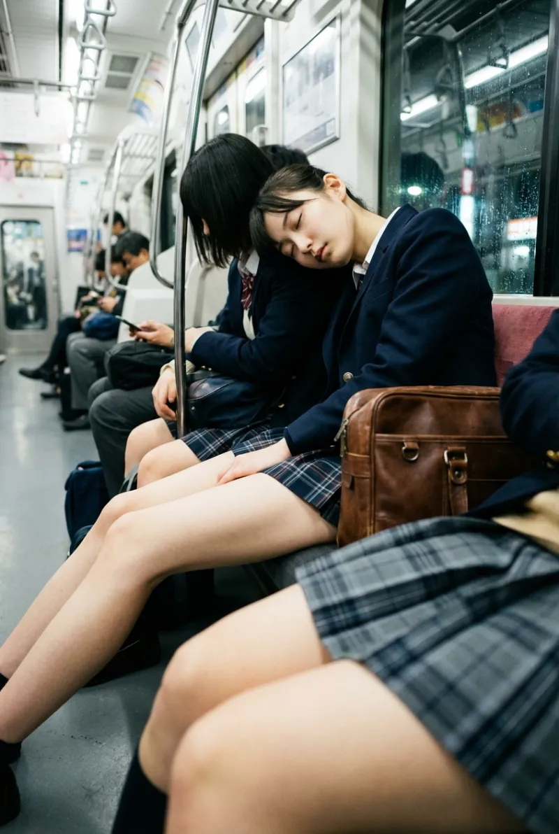 夜の電車で肩にもたれるJK（AI画像生成）