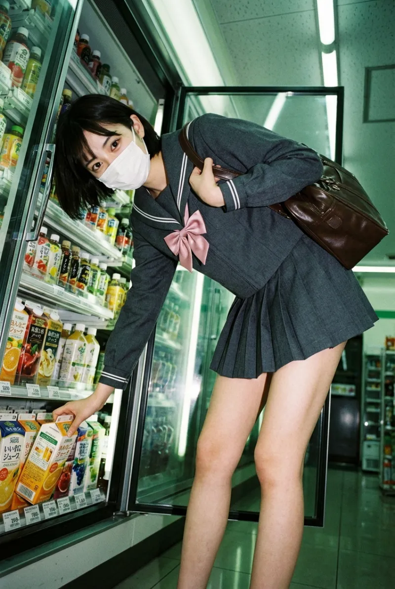 夜のコンビニ飲料棚前にいるマスクJK（AI画像生成）