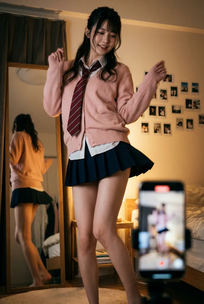 深夜の自室でダンス動画を撮るJK（AI画像生成）