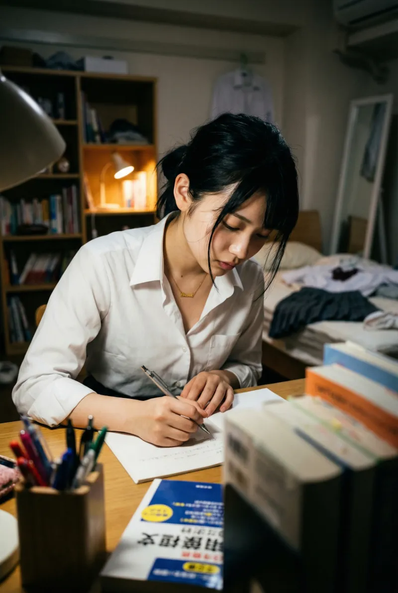 深夜の自室で勉強するAI女子高生（AI画像生成）