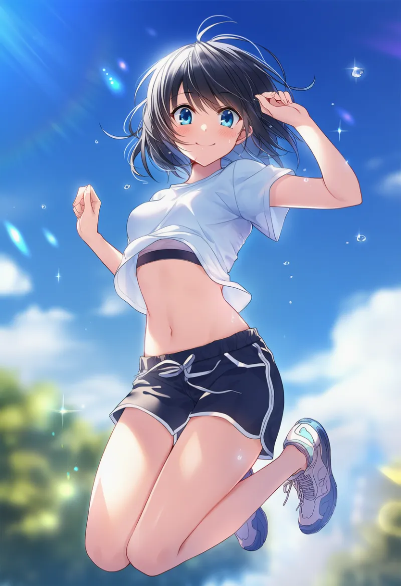 ジャンプ時にスポブラがチラ見えしているAIイラストとプロンプト紹介