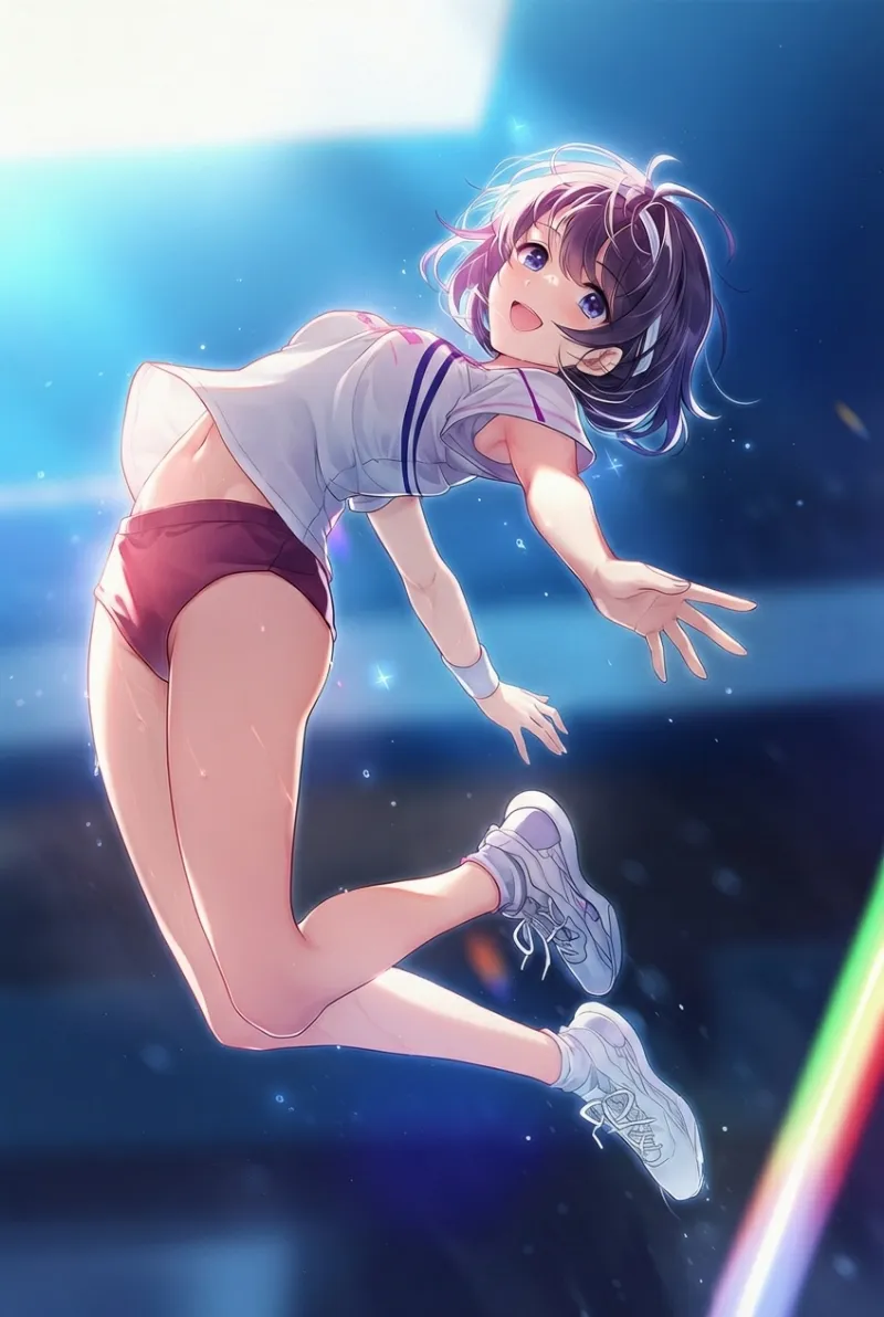 体操中に高くジャンプする美少女のAIイラストの作例