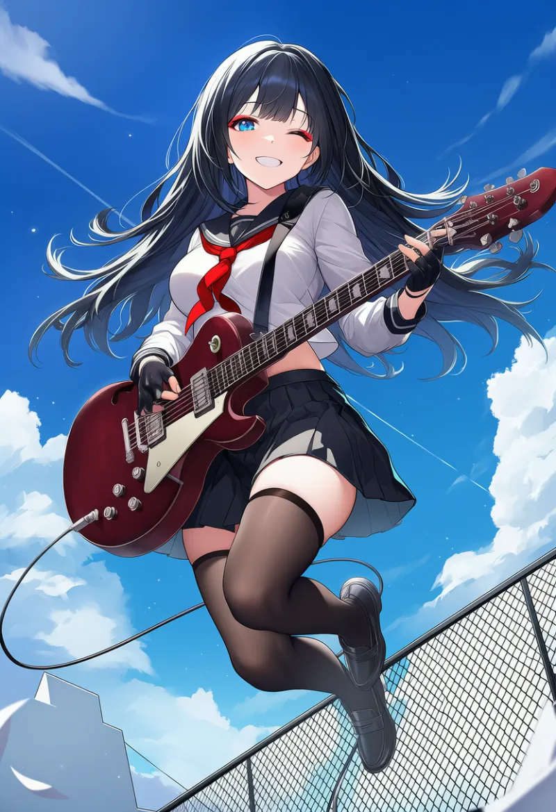 ギター演奏中のジャンプポーズのプロンプトとAIイラスト作例