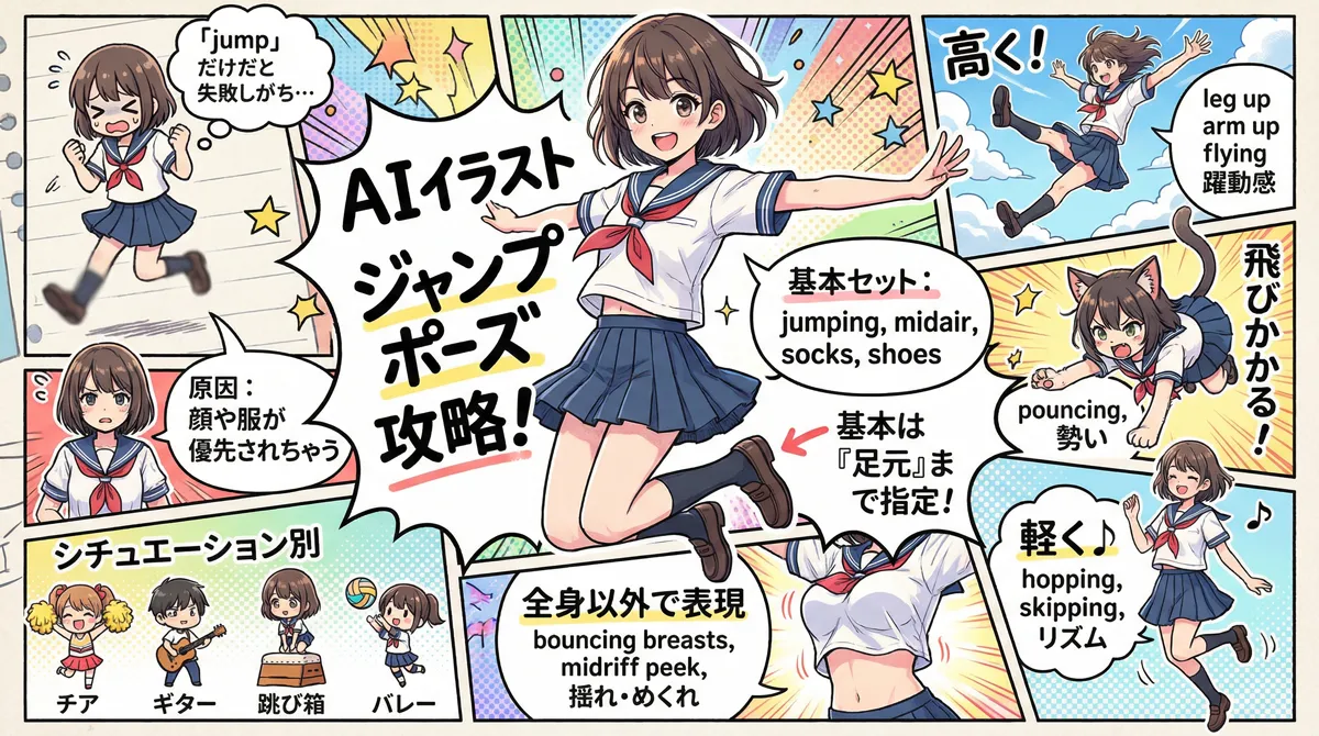 ちゃんとジャンプするポーズのプロンプト解説（ジャンプの種類別）