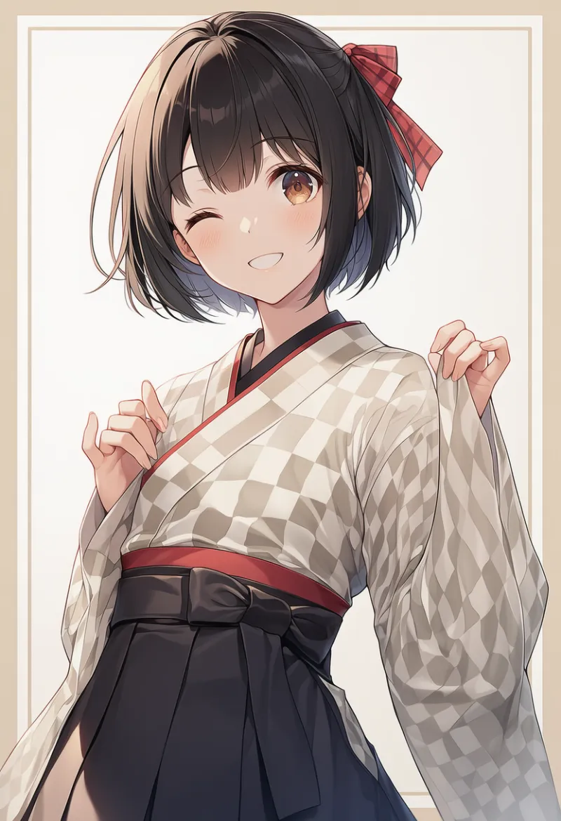 市松模様の着物のプロンプトとAIイラスト（大正ロマン）作例