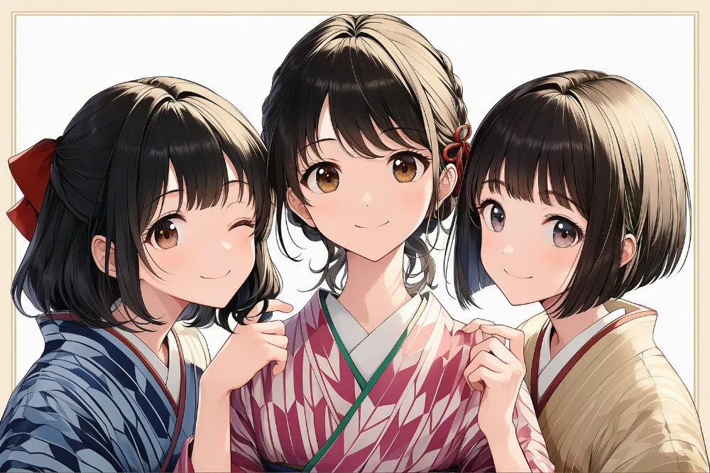 矢絣（やがすり）模様の着物のプロンプトとAIイラスト（大正ロマン）作例