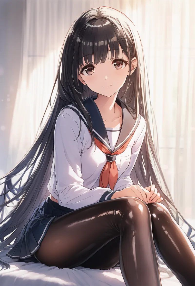 セーラー服にエナメル質のパンストを組み合わせたコーデのAIイラストとプロンプト紹介