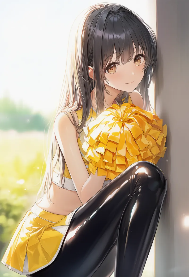 チアリーダーの服にエナメル質のパンストを組み合わせたコーデのAIイラストとプロンプト紹介