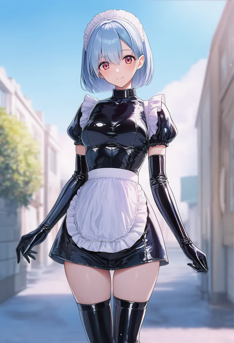 エナメルメイド服のコーデのAIイラスト作例とプロンプト紹介