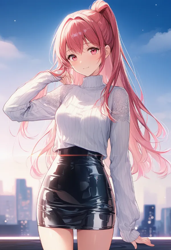 エナメル質のミニスカート(タイト)のプロンプト紹介|AIイラスト