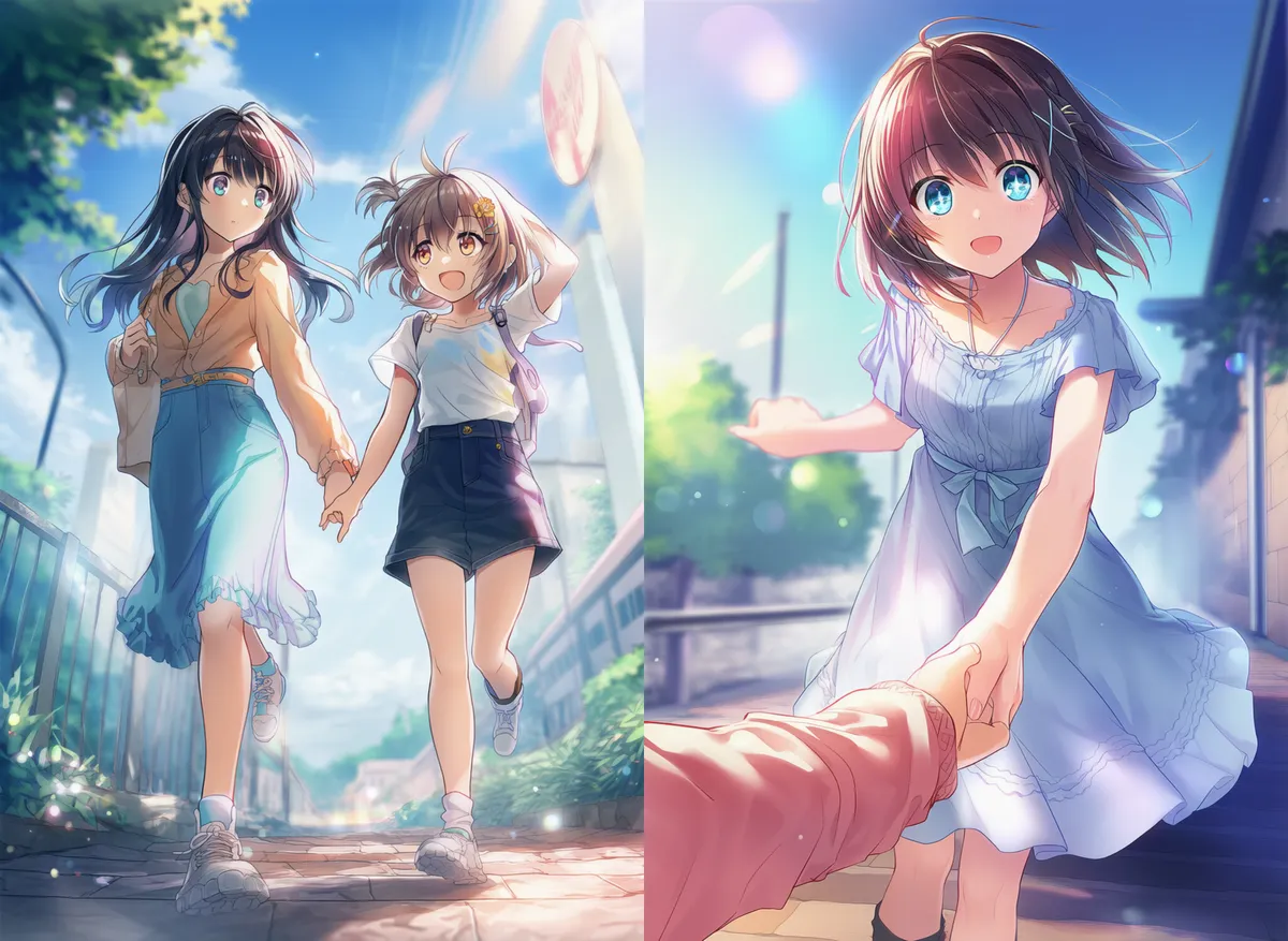 手を引いて歩くプロンプト｜AIイラスト作例