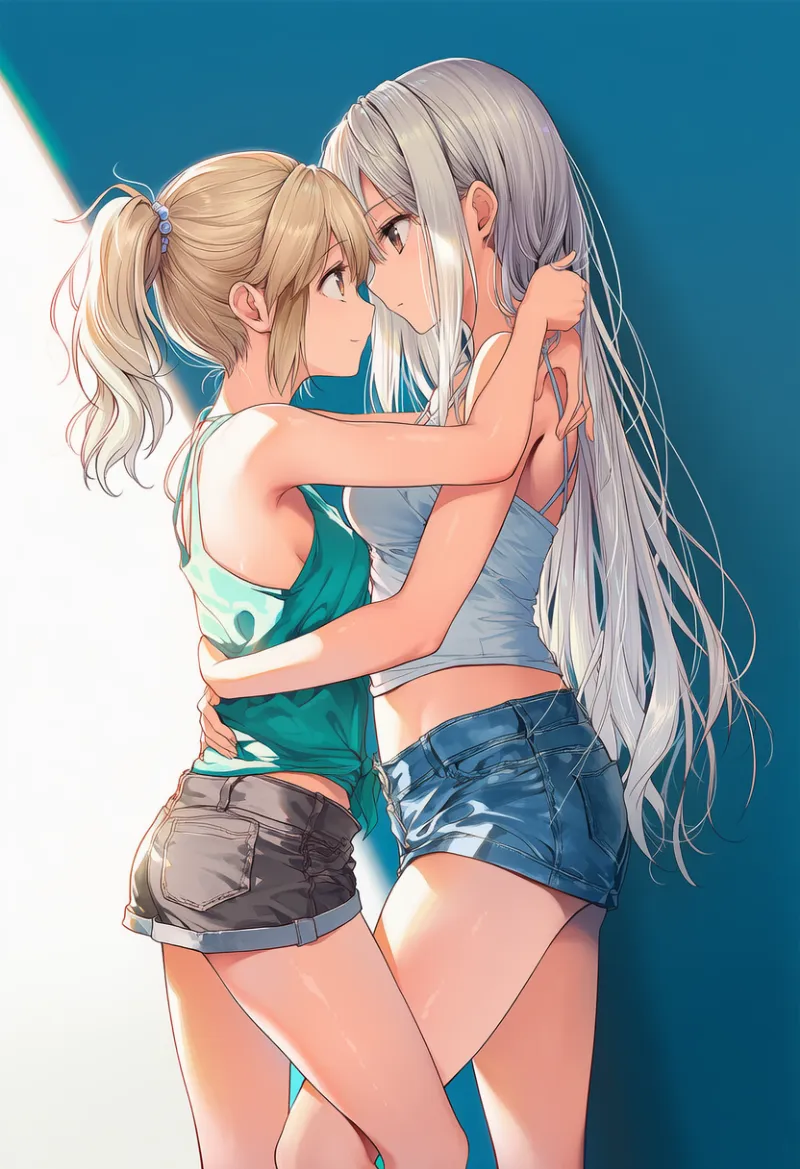 脚を太ももの間に挟む密着構図のAIイラスト