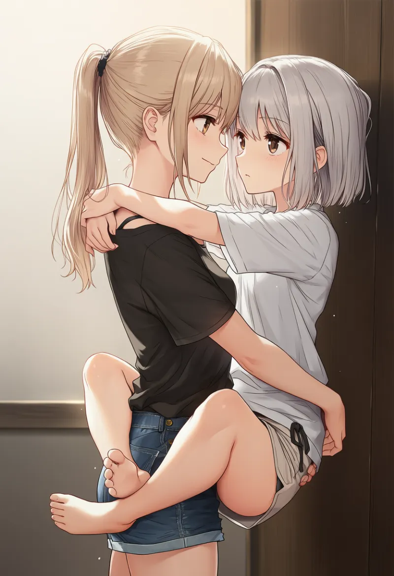 脚で相手をロックする密着構図のAIイラスト