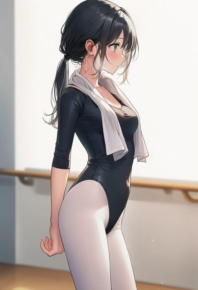 レオタードを着てバレエの練習中の美少女のAIイラスト作例