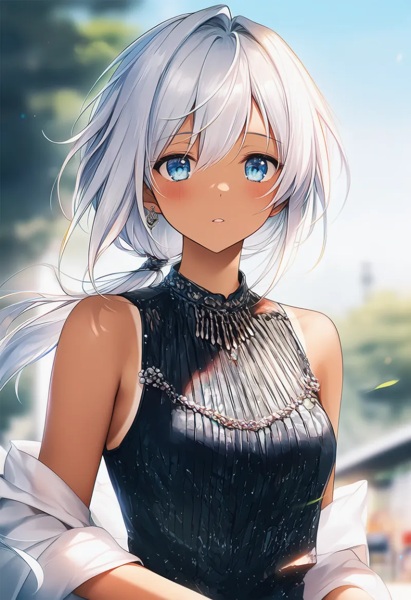 豪華なドレスから日焼けの跡がわずかに見える美少女のAIイラスト作例