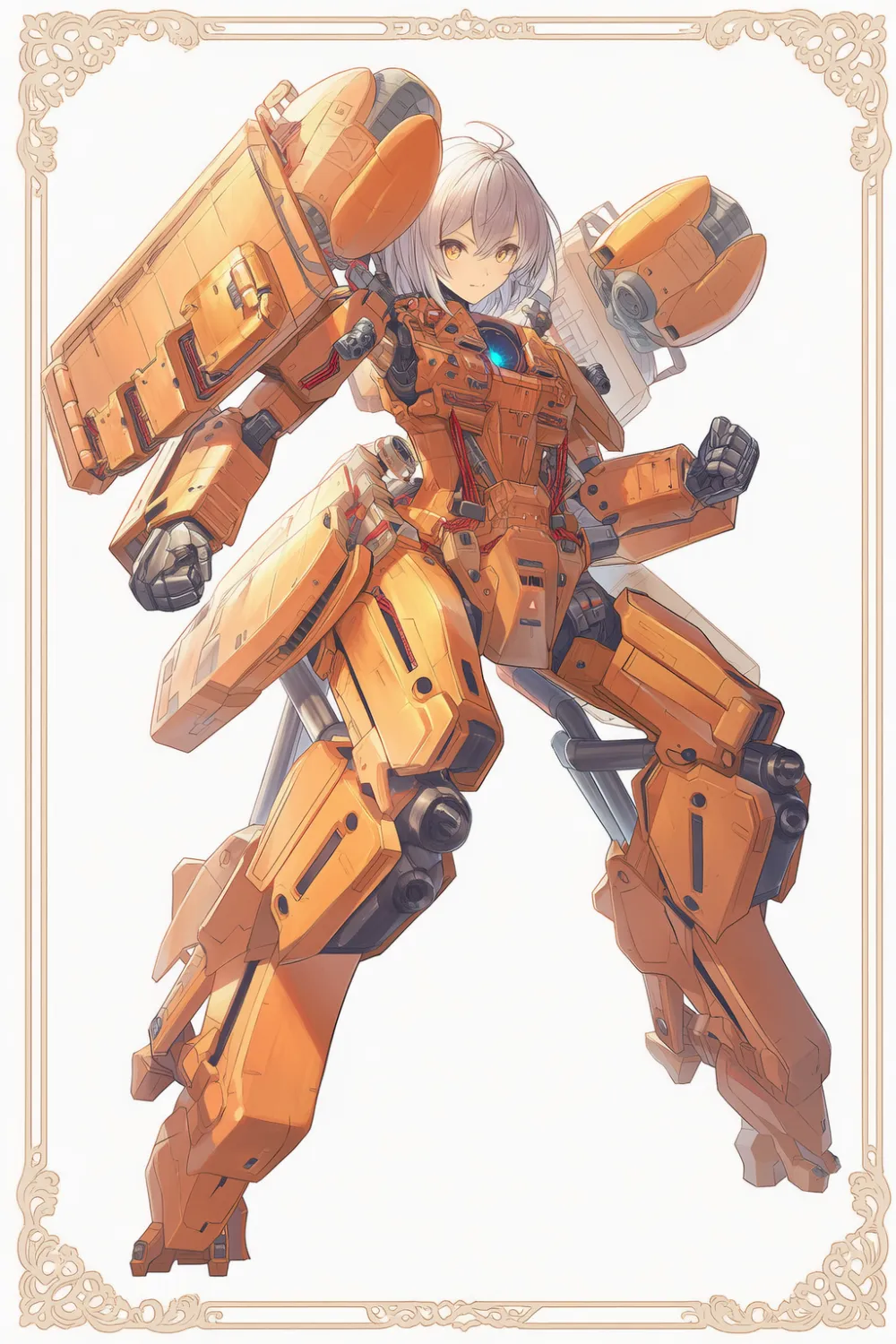 兵器・メカの擬人化のAIイラスト作例4(超重装甲・オレンジ色)