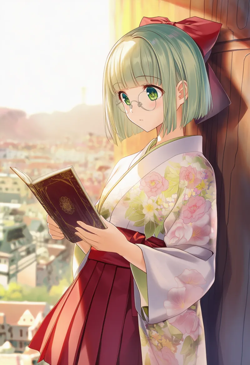 本を読むシーンのプロンプトとAIイラスト（大正ロマン）作例