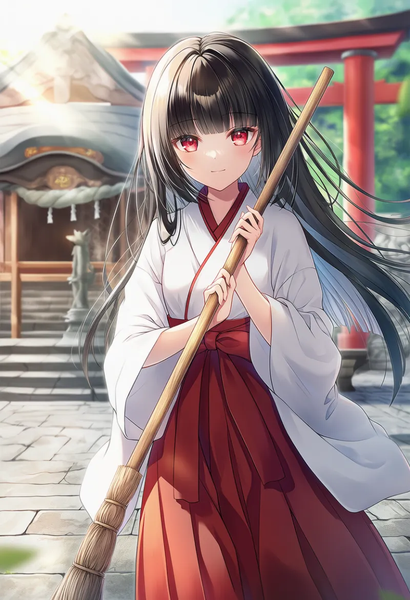 神社巫女（掃除）のプロンプトとAIイラスト作例