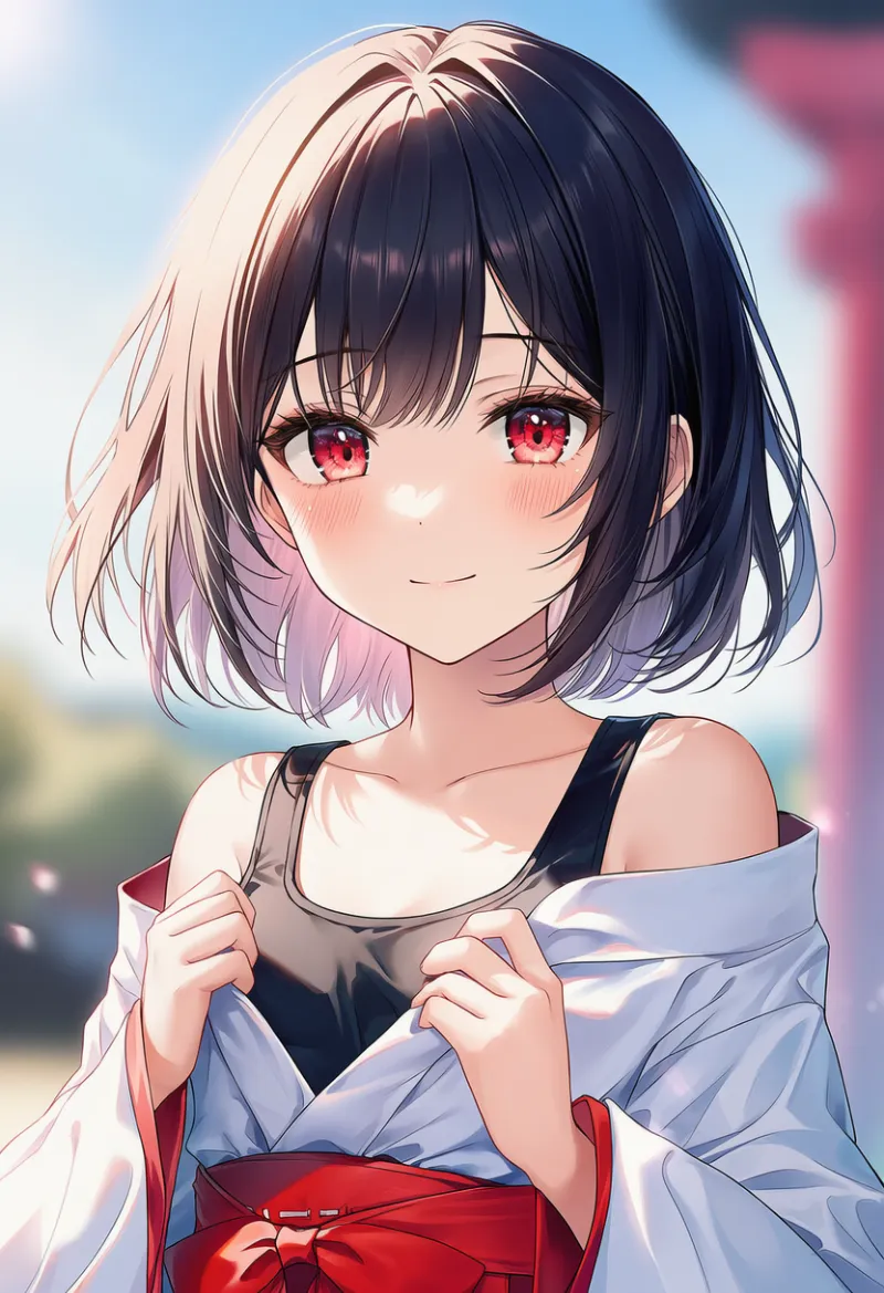 巫女服を脱いでいる動作のAIイラストの作例