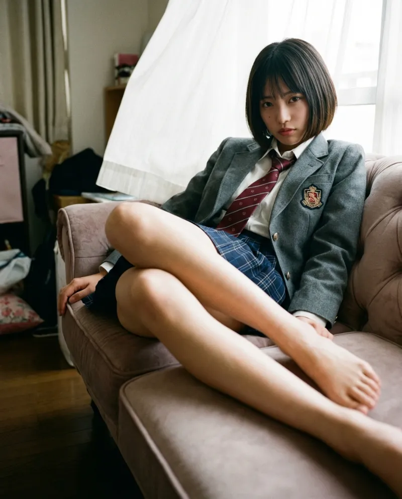 グレーの金ボタンブレザー・紺のプリーツミニスカート｜制服プロンプト（Nano Banana用）