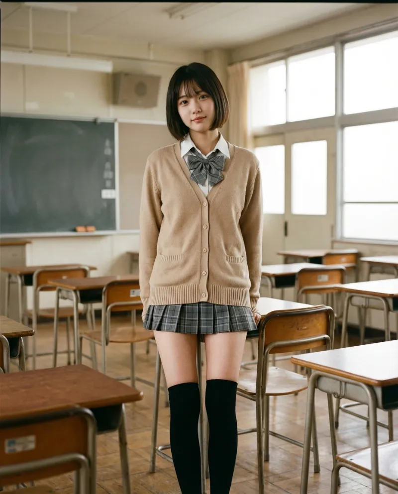 ベージュのカーディガン・グレーチェックのミニスカート｜制服プロンプト（Nano Banana用）