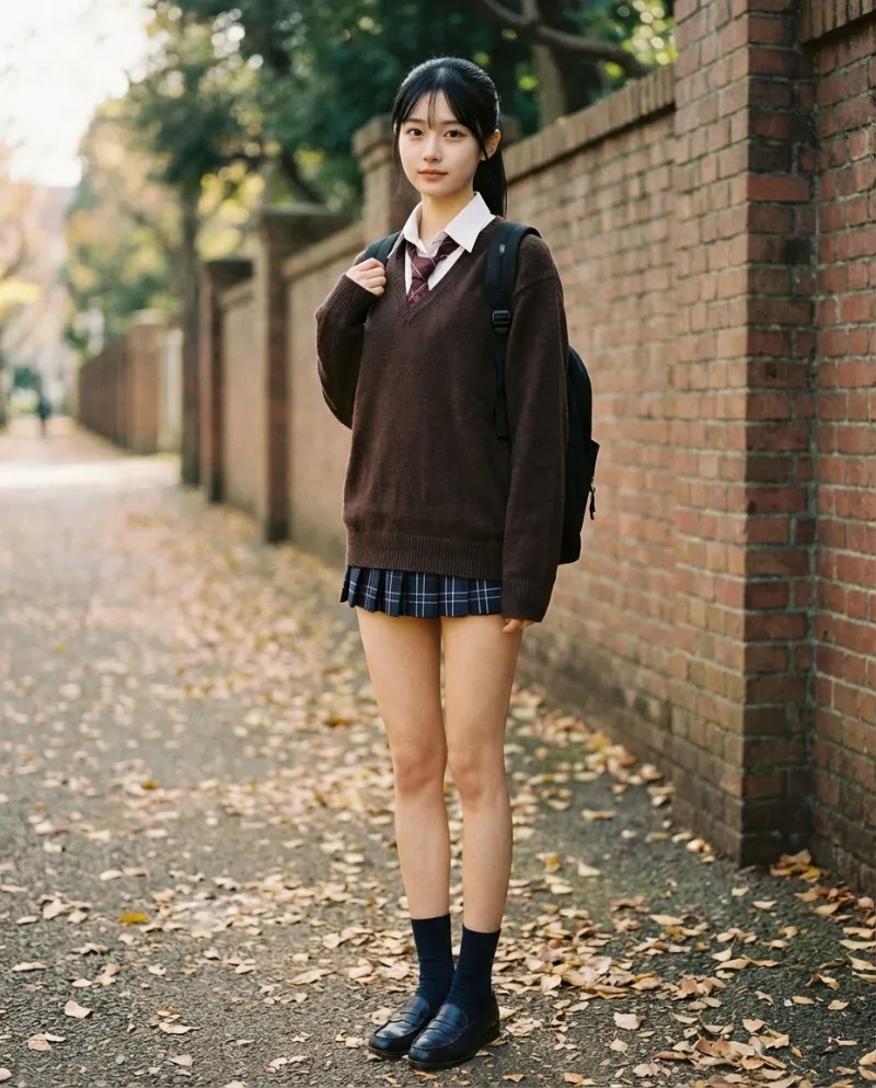 ダークブラウンのオーバーサイズセーター・紺のプリーツミニスカート｜制服プロンプト（Nano Banana用）
