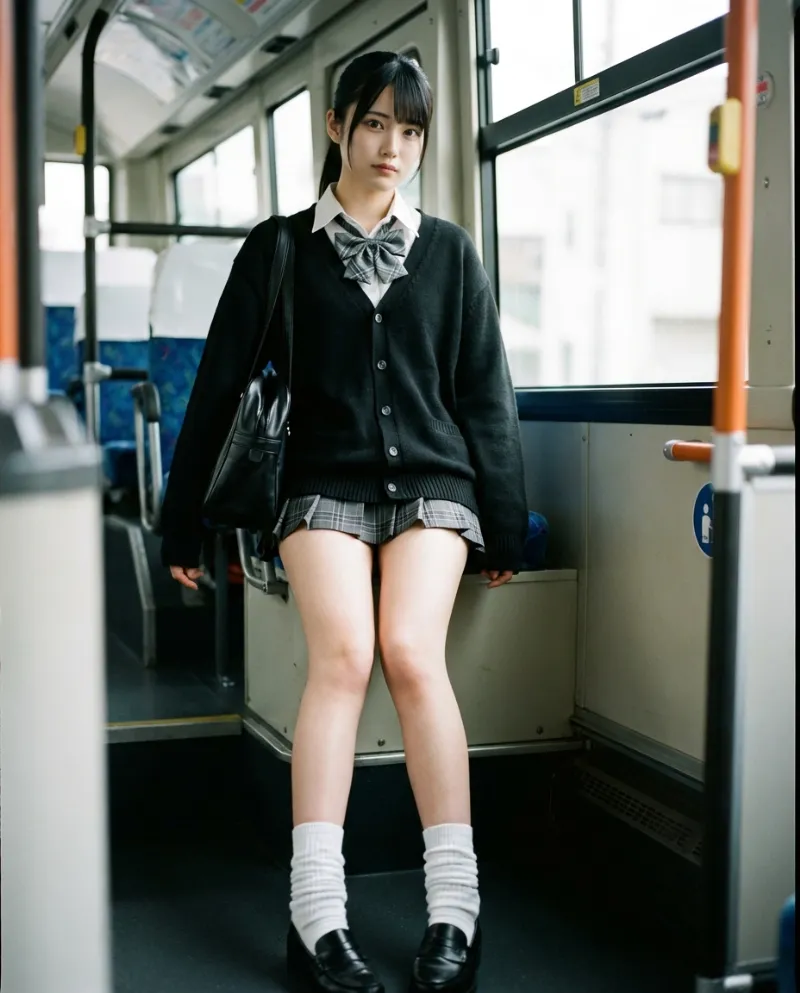 黒のパフスリーブカーディガン・グレーチェックのミニスカート｜制服プロンプト（Nano Banana用）