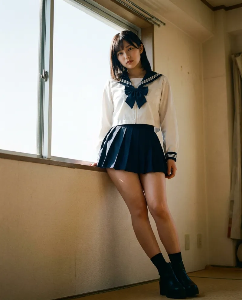 白のクロップドセーラー・紺のプリーツミニスカート｜制服プロンプト（Nano Banana用）