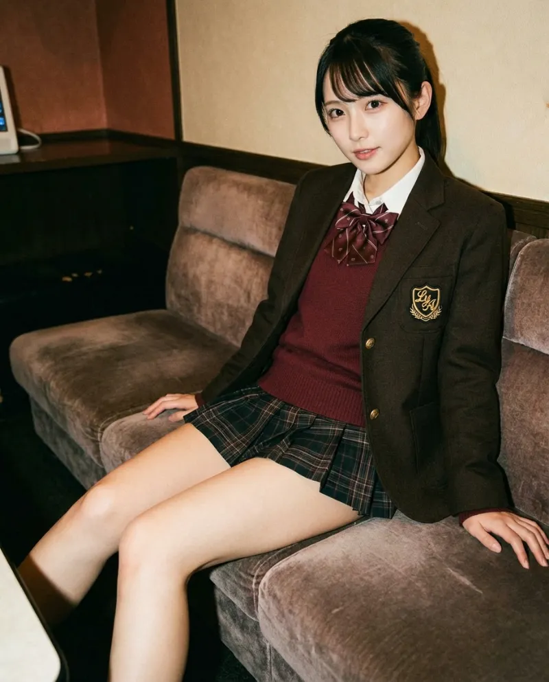 ダークブラウンのブレザー・ダークチェックのミニスカート｜制服プロンプト（Nano Banana用）