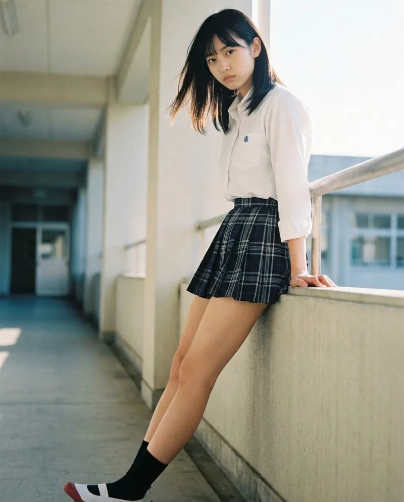 白のロールアップシャツ・紺チェックのミニスカート｜制服プロンプト（Nano Banana用）