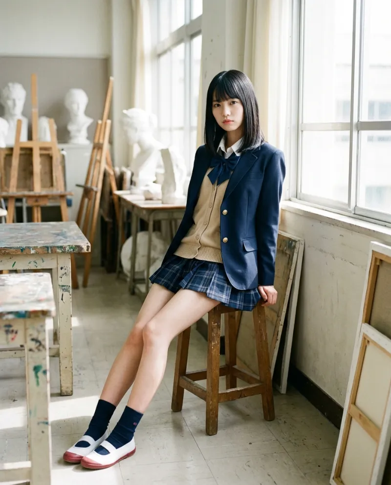 紺のブレザー・紺チェックのミニスカート｜制服プロンプト（Nano Banana用）