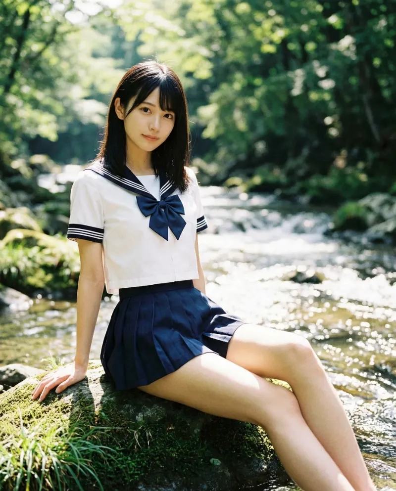 白のクロップドセーラー・紺のミニスカート｜制服プロンプト（Nano Banana用）