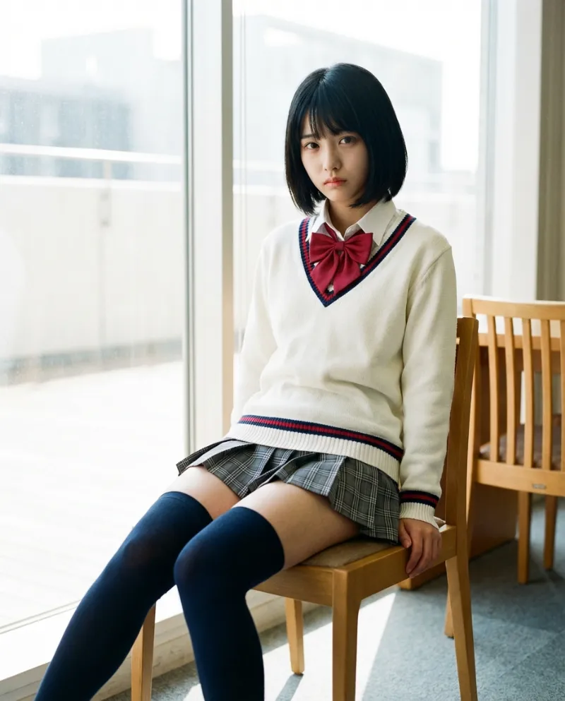 白のVネックセーター・グレーチェックのミニスカート｜制服プロンプト（Nano Banana用）