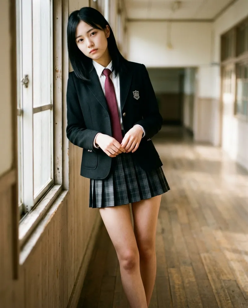 黒のスタンドカラーブレザー・ダークグレーチェックのミニスカート｜制服プロンプト（Nano Banana用）