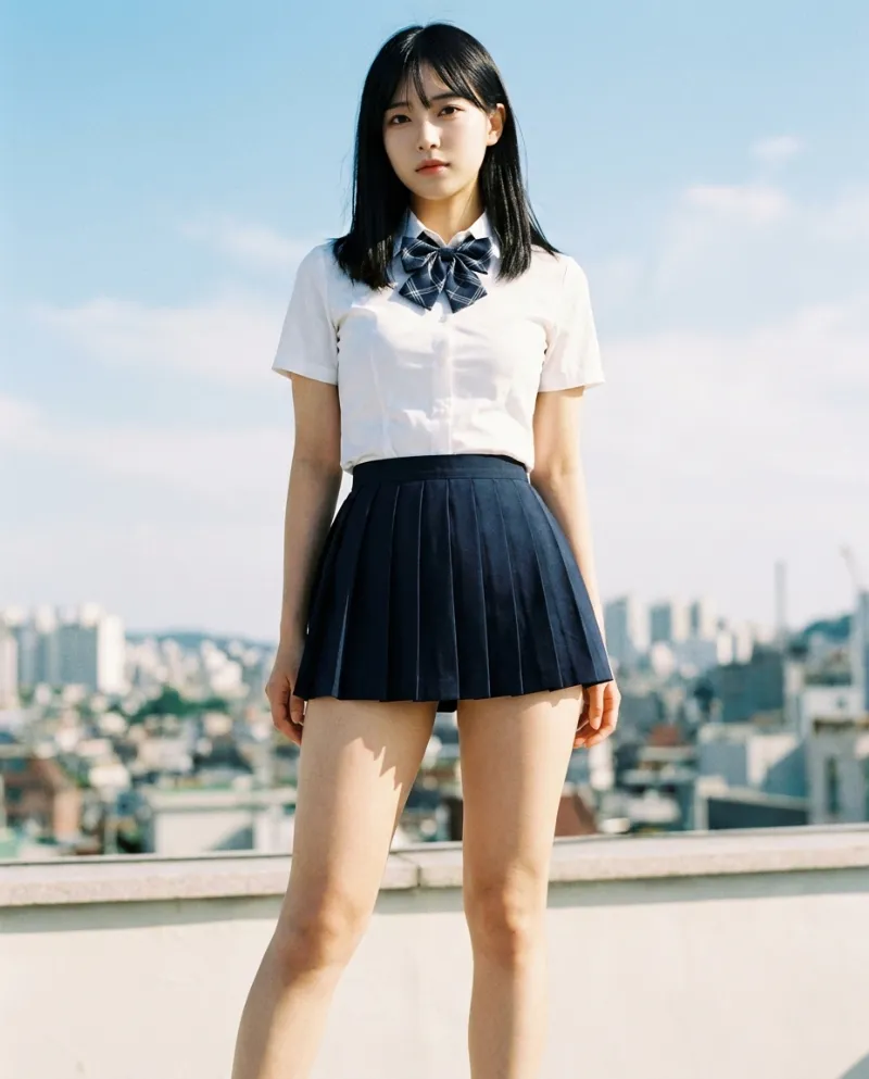 白の半袖シャツ・紺のプリーツミニスカート｜制服プロンプト（Nano Banana用）
