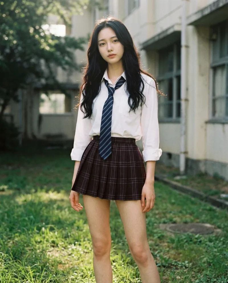白のロールアップシャツ・ダークマルーンチェックのミニスカート｜制服プロンプト（Nano Banana用）