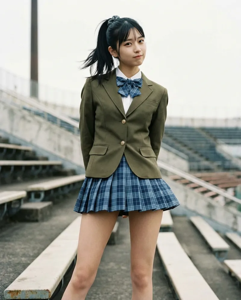オリーブグリーンのブレザー・青チェックのミニスカート｜制服プロンプト（Nano Banana用）