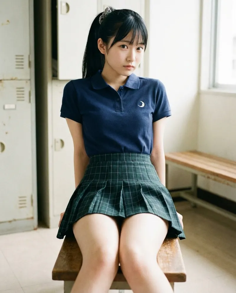 紺のポロシャツ・ダークグリーンチェックのミニスカート｜制服プロンプト（Nano Banana用）