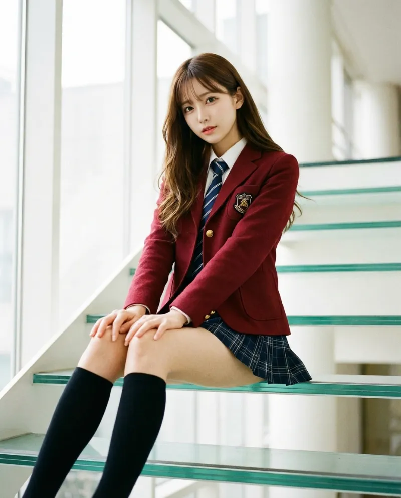 マルーンのブレザー・紺のプリーツミニスカート｜制服プロンプト（Nano Banana用）