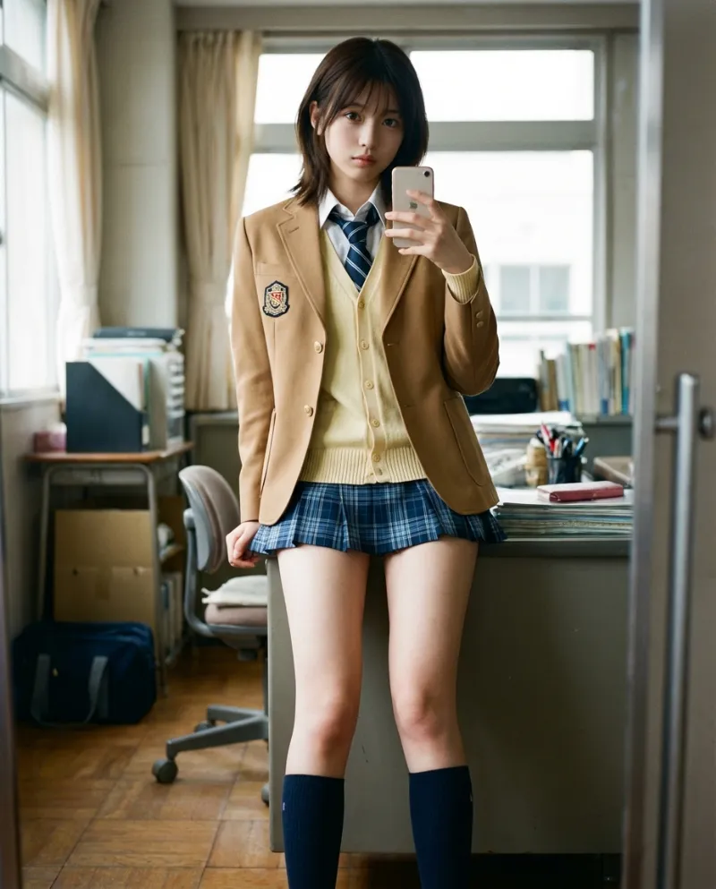 キャメルのブレザー・青チェックのミニスカート｜制服プロンプト（Nano Banana用）
